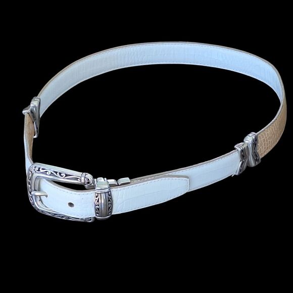 Brighton Statement Belt 32 REVERSIBLE White Tan Croc Silver B2701 Women ML VTG - Picture 4 of 16